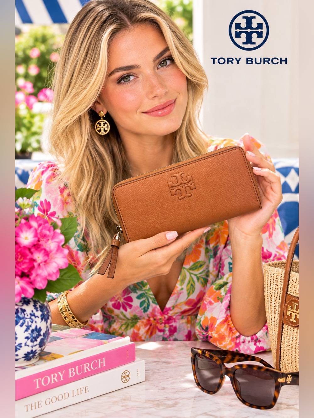 Like New ~ Tory Burch Pebbled Zip Wallet in Caramel Brown